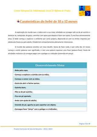 Centro Paroquial de Solidariedade Social de Ribeira de Frades
Página 9 de 38
Projeto Curricular de Sala do Berçário – 2012 / 2013
Caraterísticas do bebé de 10 a 12 meses
A exploração do mundo que o rodeia será a sua maior atividade ao conseguir pôr-se de pé sozinho e
deslocar-se, rastejando, de gatas, caminhar com apoio para depois o fazer sem apoio. É uma fase extremamente
ativa. O bebé começa a explorar o ambiente por conta própria, deparando-se com os limites impostos por
obstáculos físicos ou pelo adulto. O bebé tem comportamentos plenamente intencionais.
O mundo das palavras constitui um novo desafio. Gosta de fazer ruido, e por volta dos 12 meses
começa a emitir palavras com significado, e com uma palavra expressa uma frase (palavra-frase). Gosta de
atividades motoras e já consegue pegar com o polegar e o indicador (preensão em pinça).
Desenvolvimento Motor
- Bebe pelo copo;
- Começa a explorar a comida com as mãos;
- Começa a comer com as mãos;
- Gosta de abrir e fechar portas;
- Gatinha bem;
- Põe-se de pé sozinho;
- Fica em pé apoiado;
- Anda com ajuda do adulto;
- Estando de pé, agacha-se para apanhar um objeto;
- Consegue fazer “pinça” com o polegar e o indicador;
 