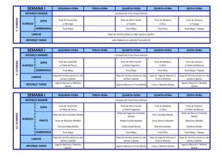 SEMANA I                SEGUNDA-FEIRA                    TERCA-FEIRA                     QUARTA-FEIRA                       QUINTA-FEIRA                   SEXTA-FEIRA
                REFORÇO MANHÃ                                                                      Compota de Fruta Fresca Natural
7 - 8 MESES
                          SOPA            Puré de Couve-flor            Puré de Couve-flor               Puré de Alho Francês                 Puré de Abóbora              Puré de Cenoura
               ALMOÇO                         c/ Borrego                      c/ Vitela                        c/ Coelho                          c/ Peru                      c/ Frango
                        SOBREMESA             Puré Maça                  Puré Pêra + Melão                    Puré Maça                          Puré Pêra                Puré Maça + Papaia

                    LANCHE                                                                Papa de Farinha Láctea ou Não Láctea c/ glúten

                 REFORÇO TARDE                                                                  Leite Materno ou Leite de Transição (II)



                 SEMANA I                SEGUNDA-FEIRA                    TERCA-FEIRA                     QUARTA-FEIRA                       QUINTA-FEIRA                   SEXTA-FEIRA
                REFORÇO MANHÃ                                                                      Compota de Fruta Fresca Natural
9 -11 MESES




                          SOPA            Puré de Couve-flor            Puré de Couve-flor               Puré de Alho Francês                 Puré de Abóbora              Puré de Cenoura
               ALMOÇO                      c/ Filete de Perca                c/ Vitela                    c/ Filete Fogonero                      c/ Peru                 c/ Filete de Maruca

                        SOBREMESA             Puré Maça                  Puré Pêra + Melão                    Puré Maça                          Puré Pêra                Puré Maça + Papaia

                                    Papa de Farinha Láctea ou não    Papa de Iogurte Natural c/     Papa de Farinha Láctea ou não      Papa de Iogurte Natural c/    Papa de Farinha Láctea ou não
                    LANCHE
                                          Láctea c/ glúten                Fruta e Bolacha                 Láctea c/ glúten                  Fruta e Bolacha                Láctea c/ glúten
                                      Iogurte Natural c/ Bolacha                                                                                                      Iogurte Natural c/ Bolacha
                 REFORÇO TARDE                                        Fruta c/ Bolacha Batida       Iogurte Natural c/ Fruta Batida        Fruta c/ Bolacha Batida
                                                Batida                                                                                                                          Batida


                 SEMANA I                SEGUNDA-FEIRA                    TERCA-FEIRA                     QUARTA-FEIRA                       QUINTA-FEIRA                   SEXTA-FEIRA
                REFORÇO MANHÃ                                                                      Compota de Fruta Fresca Natural

                                          Puré de Couve-flor            Puré de Couve-flor               Puré de Alho Francês                 Puré de Abóbora              Puré de Cenoura
                          SOPA
                                           c/ Filete de Perca                c/ Vitela                    c/ Filete Fogonero                      c/ Peru                 c/ Filete de Maruca
                                                                                                     Filete de Fogonero Estufado                                       Filete de Maruca Estufado
12 -23 MESES




                                    Filete de Perca Estufado Moído     Vitela Estufada Moída                                                Peru Estufado Moído
                                                                                                                Moído                                                            Moído
               ALMOÇO
                          PRATO       Arroz de Brócolos (Moído)          Massinha (Moída)               Batata Cozida (Moída)              Arroz Branco (Moído)           Massinha (Moída)

                                         Cenoura Baby Moída               Cenoura Moída                   Feijão Verde Moído                  Brócolos Moídos               Abóbora Moída

                        SOBREMESA             Puré Maça                  Puré Pêra + Melão                    Puré Maça                          Puré Pêra                Puré Maça + Papaia

                                    Papa de Farinha Láctea ou não    Papa de Iogurte Natural c/     Papa de Farinha Láctea ou não      Papa de Iogurte Natural c/    Papa de Farinha Láctea ou não
                    LANCHE
                                          Láctea c/ glúten                Fruta e Bolacha                 Láctea c/ glúten                  Fruta e Bolacha                Láctea c/ glúten
                                      Iogurte Natural c/ Bolacha                                                                                                      Iogurte Natural c/ Bolacha
                 REFORÇO TARDE                                        Fruta c/ Bolacha Batida       Iogurte Natural c/ Fruta Batida        Fruta c/ Bolacha Batida
                                                Batida                                                                                                                          Batida
 