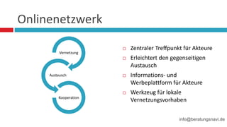 Onlinenetzwerk
Vernetzung
Austausch
Kooperation
 Zentraler Treffpunkt für Akteure
 Erleichtert den gegenseitigen
Austausch
 Informations- und
Werbeplattform für Akteure
 Werkzeug für lokale
Vernetzungsvorhaben
info@beratungsnavi.de
 