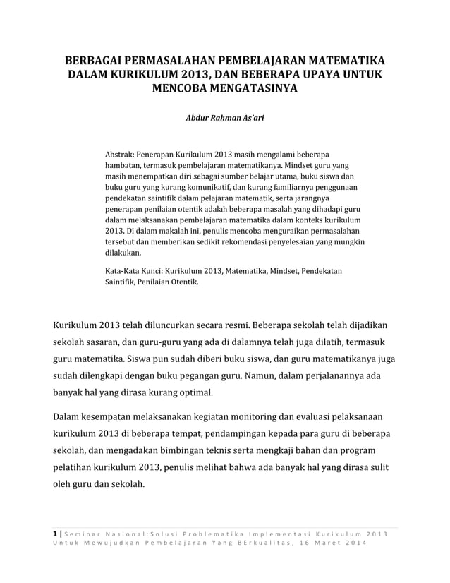 Berbagai permasalahan pembelajaran matematika dalam kurikulum 2013