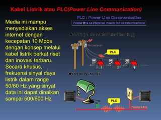 Kabel Listrik atau  PLC(Power Line Communication) Media ini mampu menyediakan akses internet dengan kecepatan 10 Mpbs dengan konsep melalui kabel listrik berkat riset dan inovasi terbaru. Secara khusus, frekuensi sinyal daya listrik dalam range 50/60 Hz yang sinyal data ini dapat dinaikan sampai 500/600 Hz 