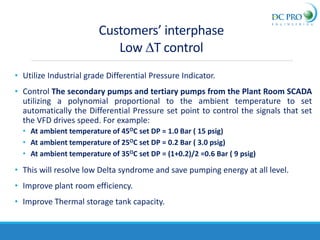 Customers’ interphase
Low DT control
• Utilize Industrial grade Differential Pressure Indicator.
• Control The secondary pumps and tertiary pumps from the Plant Room SCADA
utilizing a polynomial proportional to the ambient temperature to set
automatically the Differential Pressure set point to control the signals that set
the VFD drives speed. For example:
• At ambient temperature of 45OC set DP = 1.0 Bar ( 15 psig)
• At ambient temperature of 25OC set DP = 0.2 Bar ( 3.0 psig)
• At ambient temperature of 35OC set DP = (1+0.2)/2 =0.6 Bar ( 9 psig)
• This will resolve low Delta syndrome and save pumping energy at all level.
• Improve plant room efficiency.
• Improve Thermal storage tank capacity.
 