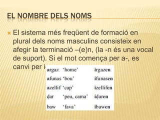 EL NOMBRE DELS NOMS

   El sistema més freqüent de formació en
    plural dels noms masculins consisteix en
    afegir la terminació –(e)n, (la -n és una vocal
    de suport). Si el mot comença per a-, es
    canvi per i-:
 