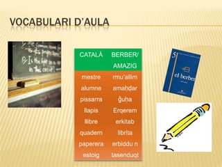 VOCABULARI D’AULA

           CATALÀ      BERBER/
                       AMAZIG
            mestre     rmu‟allim
            alumne     amaḥḍar
            pissarra     ǧuḥa
             llapis    Erqerem
             llibre     erkitab
           quadern       librita
           paperera    erbiddu n
             estoig    tasenduqt
 