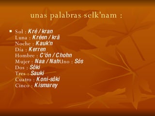 unas palabras selk'nam :   Sol :  Kré / kran  Luna :  Kréen / krä  Noche :  Kauk'n  Día :  Kerren  Hombre :  C'ón / Chohn  Mujer :  Naa / Nah Uno :  Sós  Dos :  Sôki  Tres :  Sauki  Cuatro :  Koni-sôki  Cinco :  Kismarey 