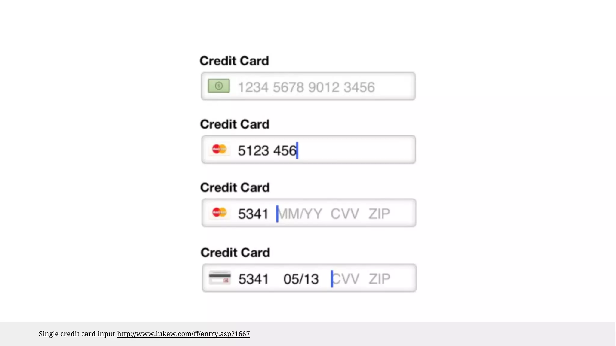 Single credit card input http://www.lukew.com/ff/entry.asp?1667 
 