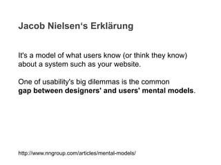 It's a model of what users know (or think they know)
about a system such as your website.
One of usability's big dilemmas is the common
gap between designers' and users' mental models.
Jacob Nielsen‘s Erklärung
http://www.nngroup.com/articles/mental-models/
 