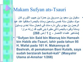 Makam Sufyan ats-Tsauri 
• سفيان بن سعيد بن مسروق بن حمزة بن حبيب الثوري كان 
مولد سفيان سنة خمس وتسعين ومات بالبصرة مختفيا عند عبد 
الرحمن بن مهدى وفى داره مات في شعبان سنة إحدى وستين 
ومائة وقبره بالبصرة في مقبرة بنى كليب قد زرته مرارا 
( (مشاهير علماء المصار - ج 1 / ص 268 
• “Sufyan bin Said bin Masruq bin Hamzah 
bin Habib ats-Tsauri, lahir pada tahun 95 
H. Wafat pada 161 H. Makamnya di 
Bashrah, di pemakaman Bani Kulaib, saya 
sudah berziarah berkali-kali” (Masyahir 
Ulama al-Amshar 1/268) 
 