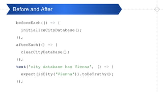 Pré-ValidaçãoBefore and After
beforeEach(() => {
initializeCityDatabase();
});
afterEach(() => {
clearCityDatabase();
});
test('city database has Vienna', () => {
expect(isCity('Vienna')).toBeTruthy();
});
 