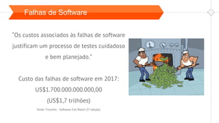 Falhas de Software
“Os custos associados às falhas de software
justificam um processo de testes cuidadoso
e bem planejado.”
Custo das falhas de software em 2017:
US$1.700.000.000.000,00
(US$1,7 trilhões)
fonte: Tricentis - Software Fail Watch (5ª edição)
 