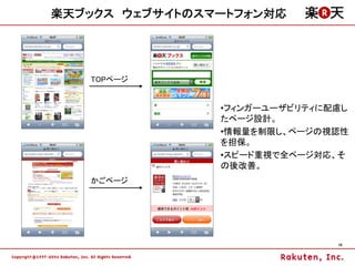 楽天ブックス ウェブサイトのスマートフォン対応




   TOPページ


                •フィンガーユーザビリティに配慮し
                たページ設計。
                •情報量を制限し、ページの視認性
                を担保。
                •スピード重視で全ページ対応、そ
                の後改善。
   かごページ




                               16
 