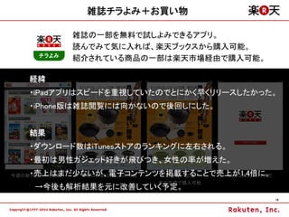 雑誌チラよみ＋お買い物

               雑誌の一部を無料で試しよみできるアプリ。
               読んでみて気に入れば、楽天ブックスから購入可能。
               紹介されている商品の一部は楽天市場経由で購入可能。

    経緯
    ・iPadアプリはスピードを重視していたのでとにかく早くリリースしたかった。
    ・iPhone版は雑誌閲覧には向かないので後回しにした。


    結果
    ・ダウンロード数はiTunesストアのランキングに左右される。
    ・最初は男性ガジェット好きが飛びつき、女性の率が増えた。
    ・売上はまだ少ないが、電子コンテンツを掲載することで売上が1.4倍に。
今週の新刊をズラリと陳列
           中身の一部は試し読み可能 商品の一部は  続きは楽天ブックスで
                          楽天市場で購入可能
     →今後も解析結果を元に改善していく予定。
                                             19
 