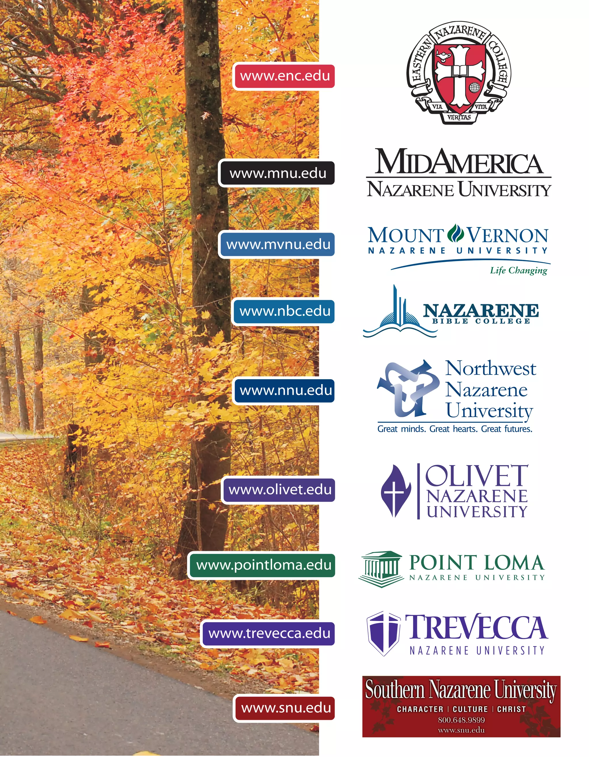 www.enc.edu




    www.mnu.edu



   www.mvnu.edu



     www.nbc.edu


                                      Northwest
     www.nnu.edu                      Nazarene
                                      University
                     Great minds. Great hearts. Great futures.




    www.olivet.edu



www.pointloma.edu



 www.trevecca.edu



     www.snu.edu
 