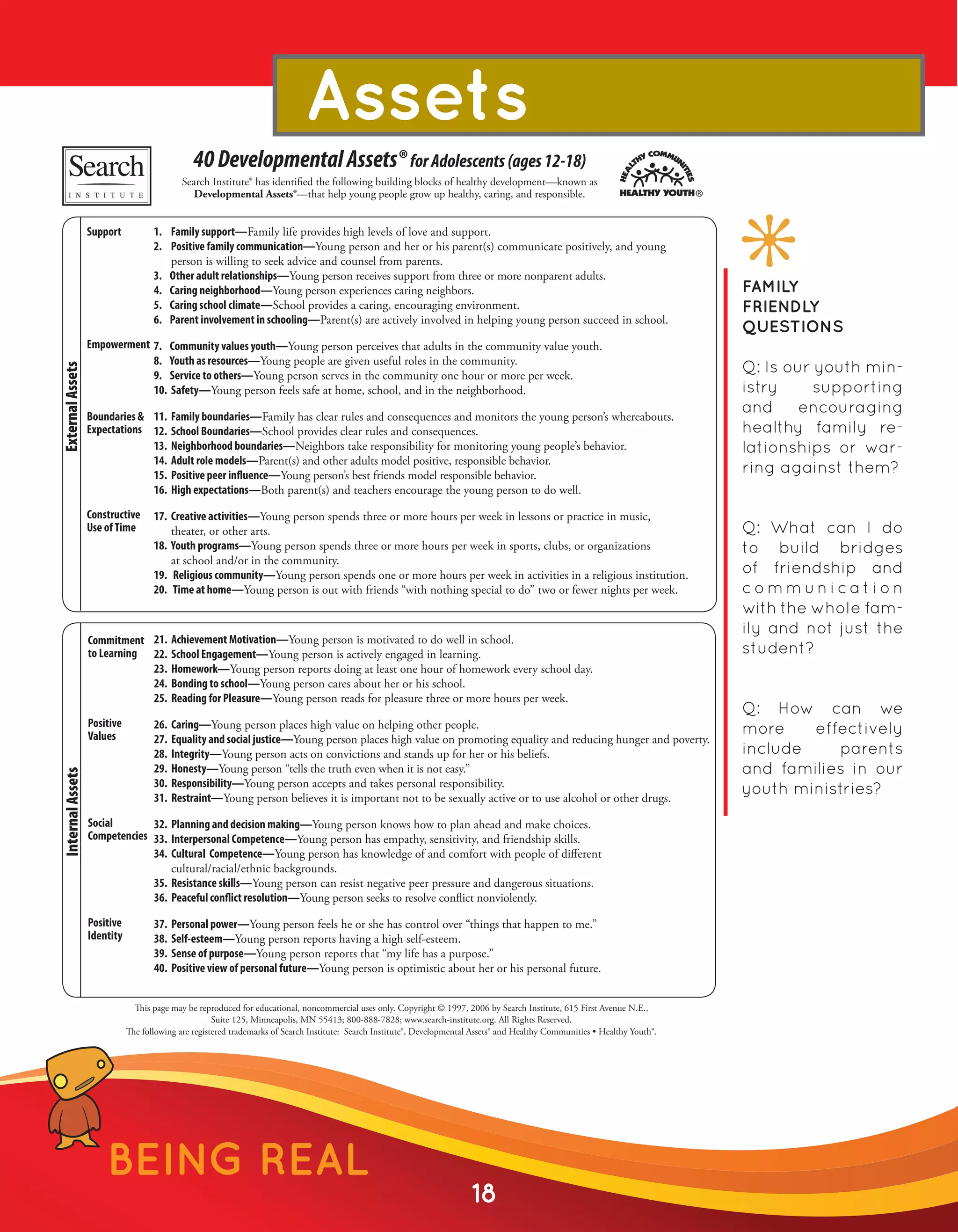 Assets
                                               40 Developmental Assets® for Adolescents (ages 12-18)
                                            Search Institute® has identified the following building blocks of healthy development—known as
                                               Developmental Assets®—that help young people grow up healthy, caring, and responsible.


                  Support           1. Family support—Family life provides high levels of love and support.
                                    2. Positive family communication—Young person and her or his parent(s) communicate positively, and young
                                       person is willing to seek advice and counsel from parents.
                                    3. Other adult relationships—Young person receives support from three or more nonparent adults.
                                    4. Caring neighborhood—Young person experiences caring neighbors.                                                                          FAMILY
                                    5. Caring school climate—School provides a caring, encouraging environment.                                                                FRIENDLY
                                    6. Parent involvement in schooling—Parent(s) are actively involved in helping young person succeed in school.
                                                                                                                                                                               QUESTIONS
                  Empowerment 7. Community values youth—Young person perceives that adults in the community value youth.
                              8. Youth as resources—Young people are given useful roles in the community.
                                                                                                                                                                               Q: Is our youth min-
External Assets




                              9. Service to others—Young person serves in the community one hour or more per week.
                              10. Safety—Young person feels safe at home, school, and in the neighborhood.                                                                     istry     supporting
                  Boundaries & 11. Family boundaries—Family has clear rules and consequences and monitors the young person’s whereabouts.
                                                                                                                                                                               and encouraging
                  Expectations 12. School Boundaries—School provides clear rules and consequences.                                                                             healthy family re-
                               13. Neighborhood boundaries—Neighbors take responsibility for monitoring young people’s behavior.                                               lationships or war-
                               14. Adult role models—Parent(s) and other adults model positive, responsible behavior.
                               15. Positive peer influence—Young person’s best friends model responsible behavior.
                                                                                                                                                                               ring against them?
                               16. High expectations—Both parent(s) and teachers encourage the young person to do well.

                  Constructive      17. Creative activities—Young person spends three or more hours per week in lessons or practice in music,
                  Use of Time           theater, or other arts.                                                                                                                Q: What can I do
                                    18. Youth programs—Young person spends three or more hours per week in sports, clubs, or organizations                                     to build bridges
                                        at school and/or in the community.
                                    19. Religious community—Young person spends one or more hours per week in activities in a religious institution.                           of friendship and
                                    20. Time at home—Young person is out with friends “with nothing special to do” two or fewer nights per week.                               communication
                                                                                                                                                                               with the whole fam-
                                                                                                                                                                               ily and not just the
                  Commitment 21. Achievement Motivation—Young person is motivated to do well in school.
                  to Learning 22. School Engagement—Young person is actively engaged in learning.                                                                              student?
                              23. Homework—Young person reports doing at least one hour of homework every school day.
                              24. Bonding to school—Young person cares about her or his school.
                              25. Reading for Pleasure—Young person reads for pleasure three or more hours per week.
                                                                                                                                                                               Q: How can we
                  Positive          26.   Caring—Young person places high value on helping other people.
                  Values                                                                                                                                                       more    effectively
                                    27.   Equality and social justice—Young person places high value on promoting equality and reducing hunger and poverty.
                                    28.   Integrity—Young person acts on convictions and stands up for her or his beliefs.                                                     include    parents
                                    29.   Honesty—Young person “tells the truth even when it is not easy.”                                                                     and families in our
Internal Assets




                                    30.   Responsibility—Young person accepts and takes personal responsibility.
                                    31.   Restraint—Young person believes it is important not to be sexually active or to use alcohol or other drugs.
                                                                                                                                                                               youth ministries?
                  Social       32. Planning and decision making—Young person knows how to plan ahead and make choices.
                  Competencies 33. Interpersonal Competence—Young person has empathy, sensitivity, and friendship skills.
                               34. Cultural Competence—Young person has knowledge of and comfort with people of different
                                   cultural/racial/ethnic backgrounds.
                               35. Resistance skills—Young person can resist negative peer pressure and dangerous situations.
                               36. Peaceful conflict resolution—Young person seeks to resolve conflict nonviolently.

                  Positive          37.   Personal power—Young person feels he or she has control over “things that happen to me.”
                  Identity          38.   Self-esteem—Young person reports having a high self-esteem.
                                    39.   Sense of purpose—Young person reports that “my life has a purpose.”
                                    40.   Positive view of personal future—Young person is optimistic about her or his personal future.


                               This page may be reproduced for educational, noncommercial uses only. Copyright © 1997, 2006 by Search Institute, 615 First Avenue N.E.,
                                                     Suite 125, Minneapolis, MN 55413; 800-888-7828; www.search-institute.org. All Rights Reserved.
                             The following are registered trademarks of Search Institute: Search Institute®, Developmental Assets® and Healthy Communities • Healthy Youth®.




                      BEING REAL
                                                                                                                          18
 