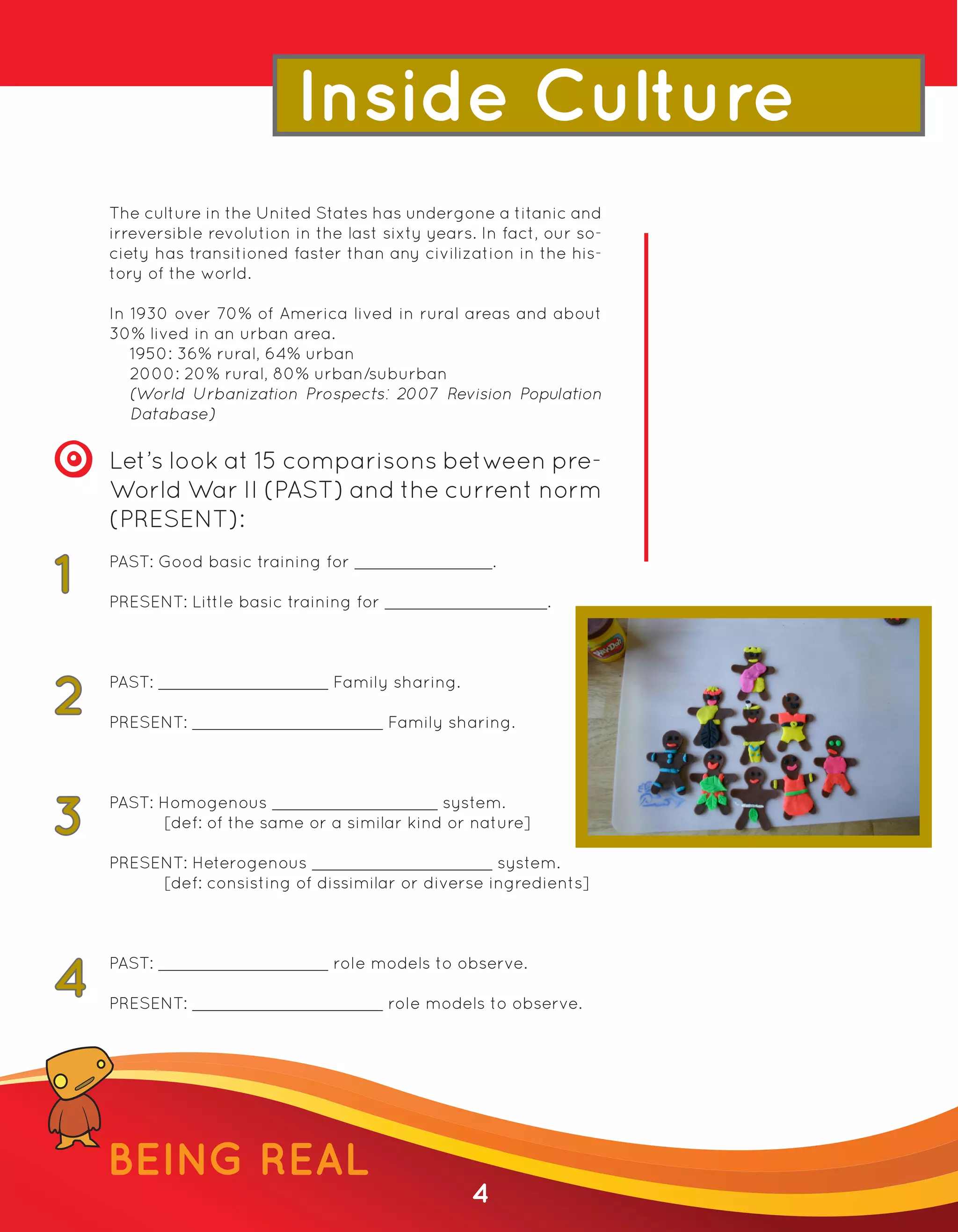 Inside Culture
The culture in the United States has undergone a titanic and
irreversible revolution in the last sixty years. In fact, our so-
ciety has transitioned faster than any civilization in the his-
tory of the world.

In 1930 over 70% of America lived in rural areas and about
30% lived in an urban area.
   1950: 36% rural, 64% urban
   2000: 20% rural, 80% urban/suburban
   (World Urbanization Prospects: 2007 Revision Population
   Database)

Let’s look at 15 comparisons between pre-
World War II (PAST) and the current norm
(PRESENT):
PAST: Good basic training for                      .

PRESENT: Little basic training for                       .



PAST:                        Family sharing.

PRESENT:                             Family sharing.



PAST: Homogenous                         system.
      [def: of the same or a similar kind or nature]

PRESENT: Heterogenous                           system.
     [def: consisting of dissimilar or diverse ingredients]



PAST:                        role models to observe.

PRESENT:                             role models to observe.




BEING REAL
                                               4
 