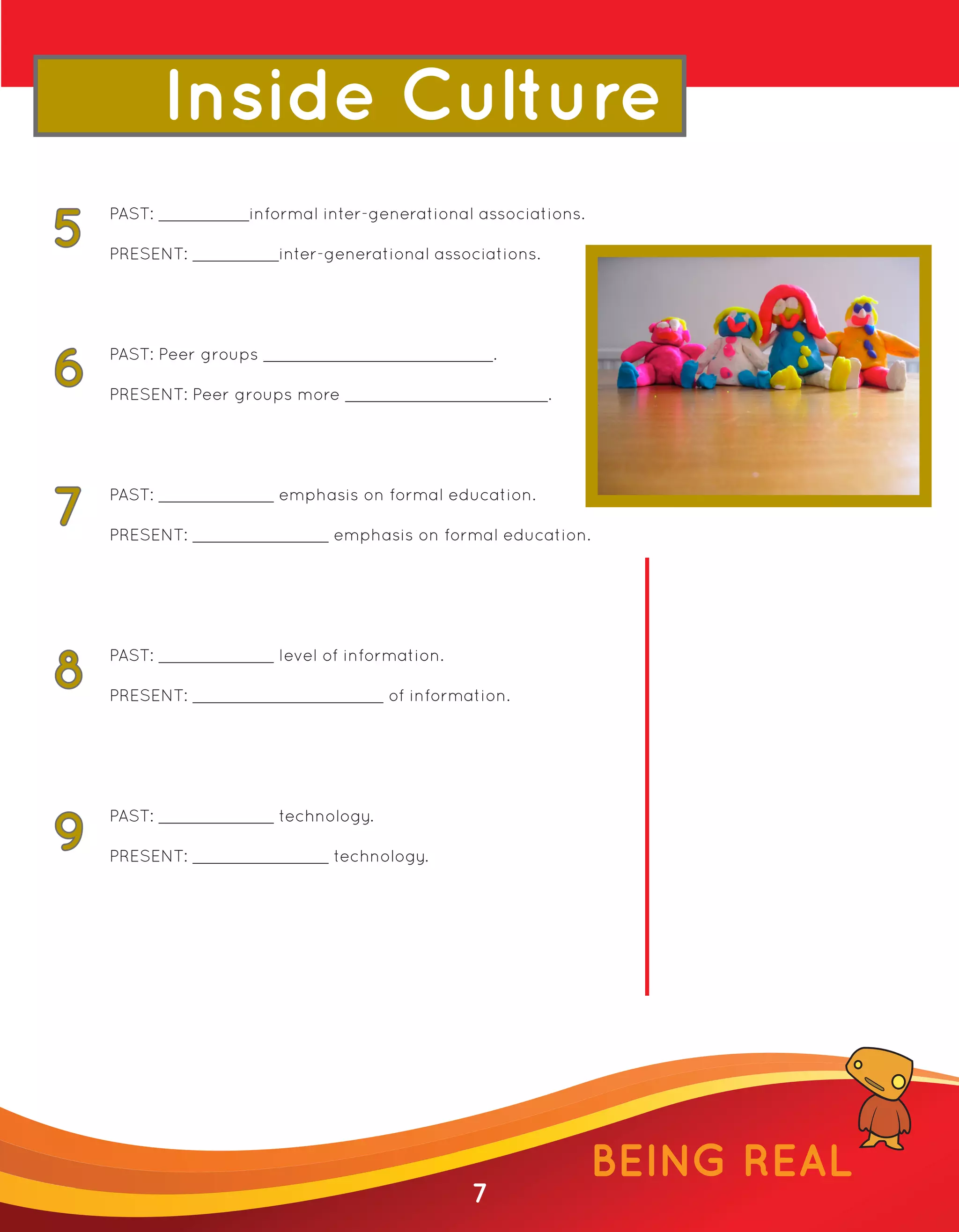 Inside Culture
PAST:          informal inter-generational associations.

PRESENT:            inter-generational associations.




PAST: Peer groups                               .

PRESENT: Peer groups more                              .




PAST:               emphasis on formal education.

PRESENT:                  emphasis on formal education.




PAST:               level of information.

PRESENT:                          of information.




PAST:               technology.

PRESENT:                  technology.




                                                           BEING REAL
                                            7
 