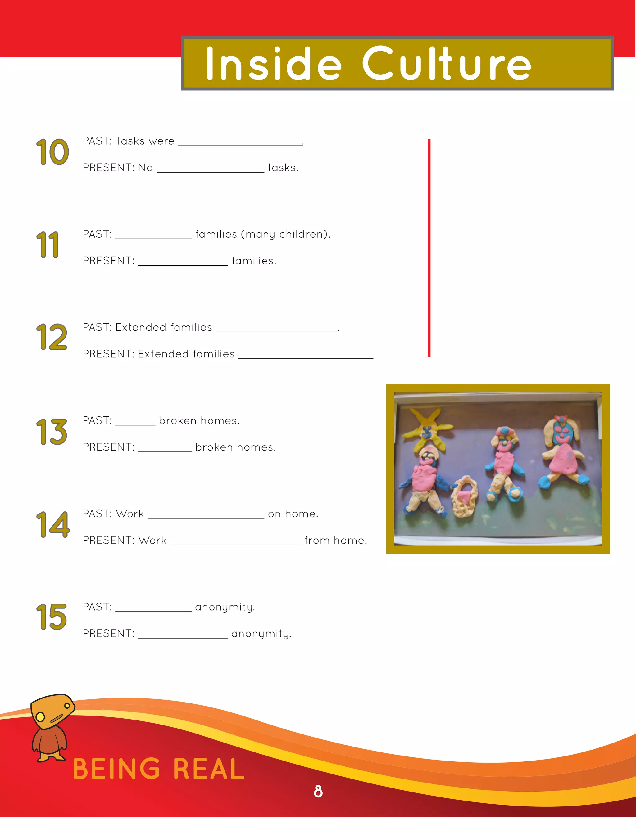 Inside Culture
PAST: Tasks were                          .

PRESENT: No                      tasks.




PAST:              families (many children).

PRESENT:                  families.




PAST: Extended families                            .

PRESENT: Extended families                                 .




PAST:         broken homes.

PRESENT:           broken homes.




PAST: Work                       on home.

PRESENT: Work                                 from home.




PAST:              anonymity.

PRESENT:                  anonymity.




BEING REAL
                                               8
 