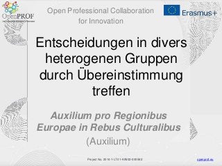 openprof.euProject No. 2014-1-LT01-KA202-000562
Entscheidungen in divers
heterogenen Gruppen
durch Übereinstimmung
treffen
Auxilium pro Regionibus
Europae in Rebus Culturalibus
(Auxilium)
Open Professional Collaboration
for Innovation
 