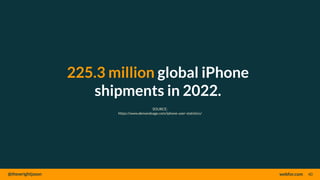 @thewrightjason webfor.com
225.3 million global iPhone
shipments in 2022.
40
SOURCE:
https://www.demandsage.com/iphone-user-statistics/
 