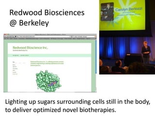 Redwood Biosciences
 @ Berkeley




                                  Faculty lead, but many
                                  graduate students on team.

Lighting up sugars surrounding cells still in the body,
to deliver optimized novel biotherapies.
 