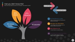 5
I bet you didn’t know this!
Guess how many people view just one of Unimedia’s 100 screens in China?
5% brand
loyalty
97%
influence
48 seconds
84%
inform
No Real Brand Loyalty
China is a country of brands but consumers are
willing to try new things
5
Ads give me information
“I may not agree with the information but I will
listen and make up my own mind”
84
Ads influence me
“The ads influence my decision making”
97
Average time watching LEDs
You have a captive audience to imprint a
feeling, a mood, a suggestion, a motivation
48
350K per day
128 M per year
 