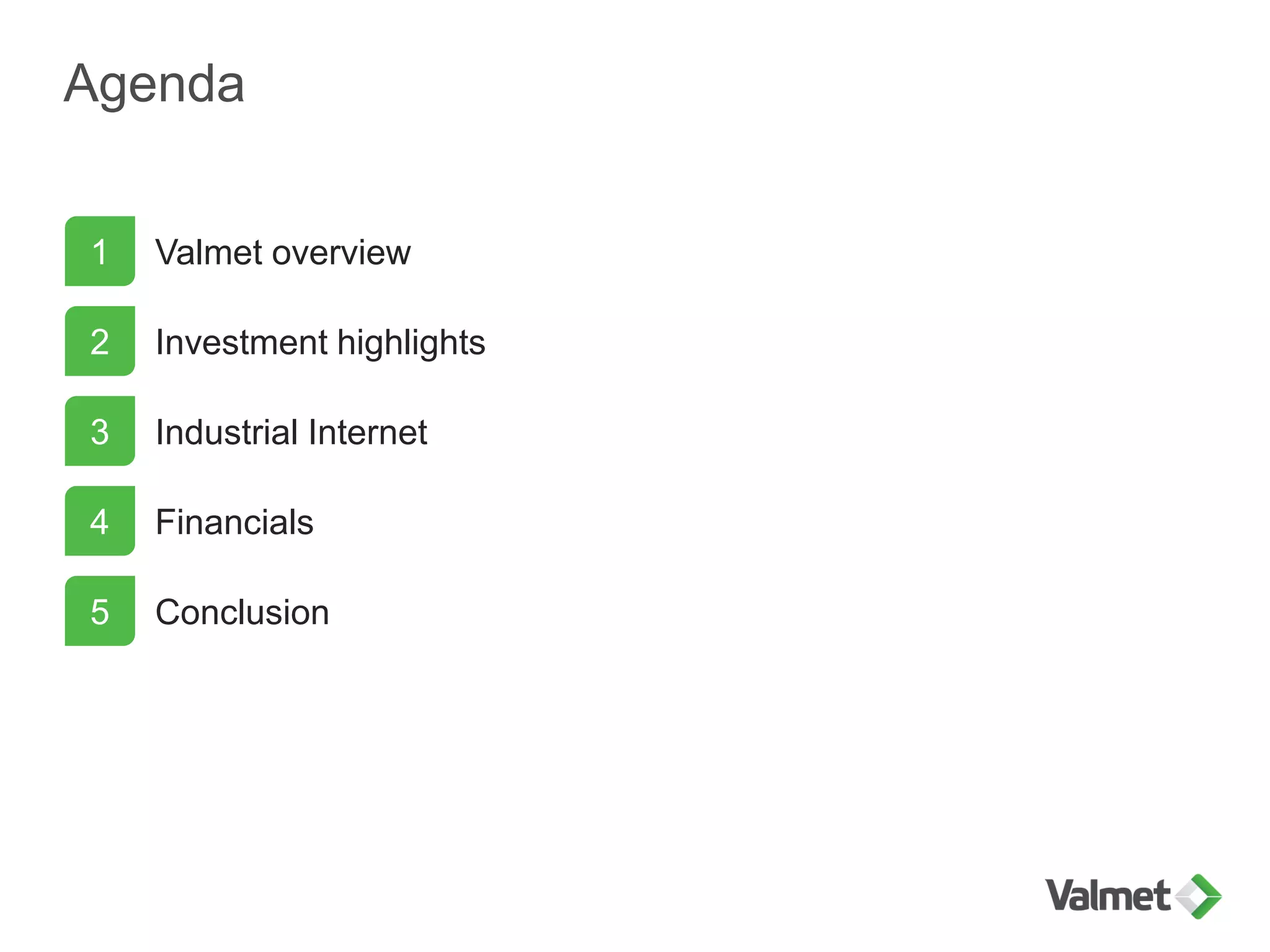 Agenda
Valmet overview
Investment highlights
Industrial Internet
Financials
1
2
3
4
Conclusion5
 