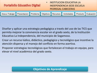Objetivos de Aprendizaje
Area a Trabajar Presentacion Problema Objetivos Recursos Actividades Producto EvaluaciónProductoActividades ProductoRecursos Actividades ProductoObjetivos Recursos Actividades ProductoProblema Objetivos Recursos Actividades ProductoPresentacion Problema Objetivos Recursos Actividades ProductoProblema
• INSTITUCION EDUCATIVA LA
INDEPENDENCIA SEDE ESCUELA
PEDREGAL CABECERAS
Diseñar y aplicar una estrategia pedagógica a través del uso de las TICS que
permita mejorar la convivencia escolar en el grado sexto, de la Institución
Educativa La Independencia, del municipio de Sogamoso.
Crear un recurso lúdico, didáctico, pedagógico y tecnológico que incentive la
atención dispersa y el manejo del conflicto en forma asertiva.
Proponer estrategias tecnológicas que fortalezcan el trabajo en equipo, para
elevar el nivel académico del grado sexto.
 