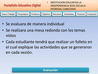 Evaluación
Area a Trabajar Presentacion Problema Objetivos Recursos Actividades Producto EvaluaciónProductoActividades ProductoRecursos Actividades ProductoObjetivos Recursos Actividades ProductoProblema Objetivos Recursos Actividades ProductoPresentacion Problema Objetivos Recursos Actividades ProductoProblema
• INSTITUCION EDUCATIVA LA
INDEPENDENCIA SEDE ESCUELA
PEDREGAL CABECERAS
• Se evaluara de manera individual
• Se realizara una mesa redonda con los temas
vistos
• Cada estudiante tendrá que realizar un folleto en
el cual explique las actividades que se generaron
en cada sesión.
 