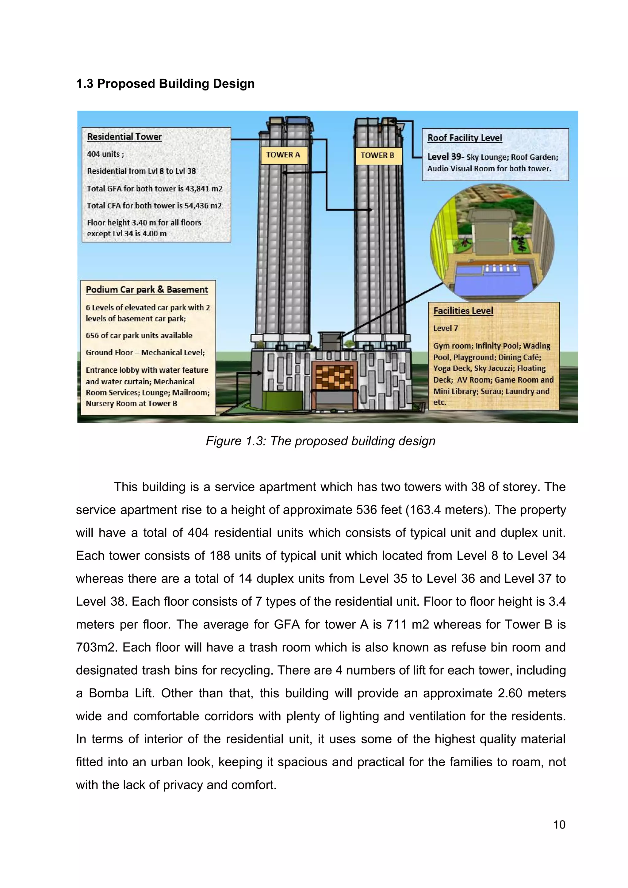 1.3 Proposed Building Design
Figure 1.3: The proposed building design
This building is a service apartment which has two towers with 38 of storey. The
service apartment rise to a height of approximate 536 feet (163.4 meters). The property
will have a total of 404 residential units which consists of typical unit and duplex unit.
Each tower consists of 188 units of typical unit which located from Level 8 to Level 34
whereas there are a total of 14 duplex units from Level 35 to Level 36 and Level 37 to
Level 38. Each floor consists of 7 types of the residential unit. Floor to floor height is 3.4
meters per floor. The average for GFA for tower A is 711 m2 whereas for Tower B is
703m2. Each floor will have a trash room which is also known as refuse bin room and
designated trash bins for recycling. There are 4 numbers of lift for each tower, including
a Bomba Lift. Other than that, this building will provide an approximate 2.60 meters
wide and comfortable corridors with plenty of lighting and ventilation for the residents.
In terms of interior of the residential unit, it uses some of the highest quality material
fitted into an urban look, keeping it spacious and practical for the families to roam, not
with the lack of privacy and comfort.
10
 