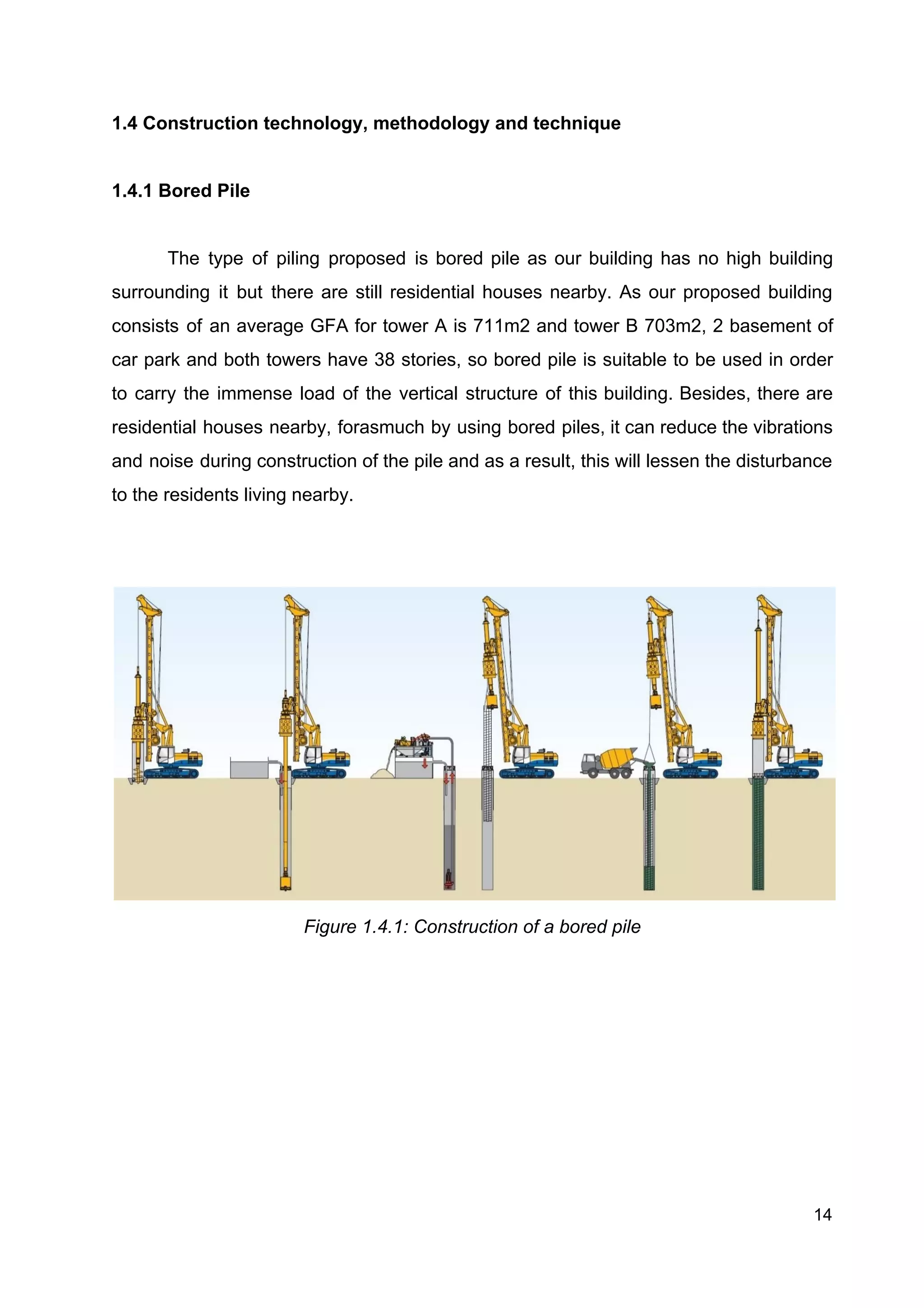 1.4 Construction technology, methodology and technique
1.4.1 Bored Pile
The type of piling proposed is bored pile as our building has no high building
surrounding it but there are still residential houses nearby. As our proposed building
consists of an average GFA for tower A is 711m2 and tower B 703m2, 2 basement of
car park and both towers have 38 stories, so bored pile is suitable to be used in order
to carry the immense load of the vertical structure of this building. Besides, there are
residential houses nearby, forasmuch by using bored piles, it can reduce the vibrations
and noise during construction of the pile and as a result, this will lessen the disturbance
to the residents living nearby.
Figure 1.4.1: Construction of a bored pile
14
 
