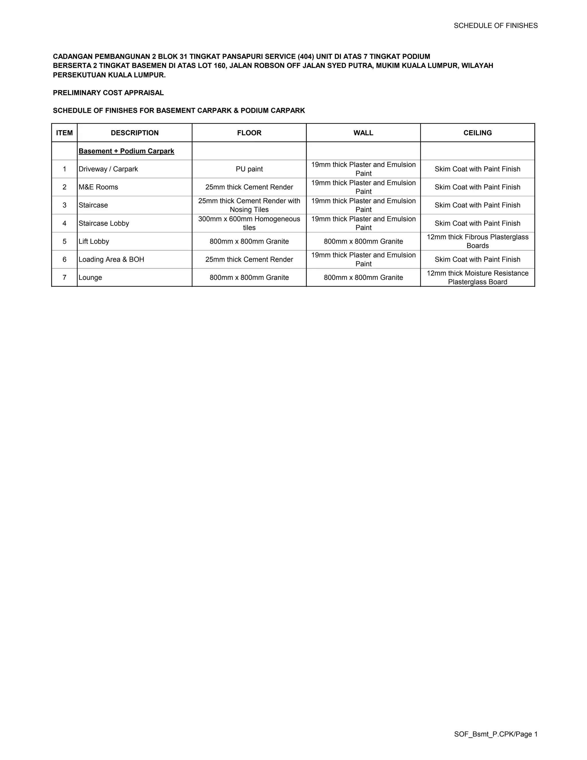 SCHEDULE OF FINISHES
CADANGAN PEMBANGUNAN 2 BLOK 31 TINGKAT PANSAPURI SERVICE (404) UNIT DI ATAS 7 TINGKAT PODIUM
BERSERTA 2 TINGKAT BASEMEN DI ATAS LOT 160, JALAN ROBSON OFF JALAN SYED PUTRA, MUKIM KUALA LUMPUR, WILAYAH
PERSEKUTUAN KUALA LUMPUR.
PRELIMINARY COST APPRAISAL
SCHEDULE OF FINISHES FOR BASEMENT CARPARK & PODIUM CARPARK
ITEM DESCRIPTION FLOOR WALL CEILING
Basement + Podium Carpark
1 Driveway / Carpark PU paint
19mm thick Plaster and Emulsion
Paint
Skim Coat with Paint Finish
2 M&E Rooms 25mm thick Cement Render
19mm thick Plaster and Emulsion
Paint
Skim Coat with Paint Finish
3 Staircase
25mm thick Cement Render with
Nosing Tiles
19mm thick Plaster and Emulsion
Paint
Skim Coat with Paint Finish
4 Staircase Lobby
300mm x 600mm Homogeneous
tiles
19mm thick Plaster and Emulsion
Paint
Skim Coat with Paint Finish
5 Lift Lobby 800mm x 800mm Granite 800mm x 800mm Granite
12mm thick Fibrous Plasterglass
Boards
6 Loading Area & BOH 25mm thick Cement Render
19mm thick Plaster and Emulsion
Paint
Skim Coat with Paint Finish
7 Lounge 800mm x 800mm Granite 800mm x 800mm Granite
12mm thick Moisture Resistance
Plasterglass Board
SOF_Bsmt_P.CPK/Page 1
 