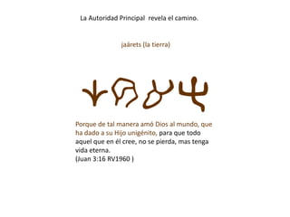 La Autoridad Principal revela el camino.
jaárets (la tierra)
crahPorque de tal manera amó Dios al mundo, que
ha dado a su Hijo unigénito, para que todo
aquel que en él cree, no se pierda, mas tenga
vida eterna.
(Juan 3:16 RV1960 )
 