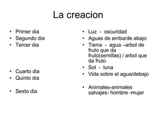 La creacion  Primer dia Segundo dia Tercer dia Cuarto dia Quinto dia Sexto dia  Luz  -  oscuridad Aguas de arriba/de abajo Tierra  -  agua –arbol de fruto que da fruto(semillas) / arbol que da fruto Sol  -  luna Vida sobre el agua/debajo Animales-animales salvajes- hombre -mujer 