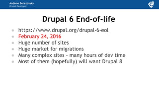 Andrew Berezovsky
Drupal Developer
Drupal 6 End-of-life
● https://www.drupal.org/drupal-6-eol
● February 24, 2016
● Huge number of sites
● Huge market for migrations
● Many complex sites - many hours of dev time
● Most of them (hopefully) will want Drupal 8
 