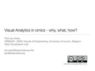 Visual Analytics in omics - why, what, how?
Prof Jan Aerts
STADIUS - ESAT, Faculty of Engineering, University of Leuven, Belgium
Data Visualization Lab
jan.aerts@esat.kuleuven.be
jan@datavislab.org
creativecommons.org/licenses/by-nc/3.0/
 