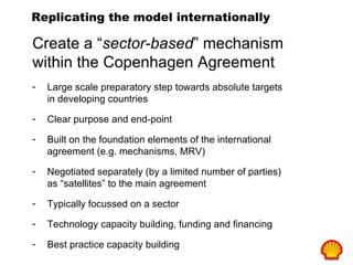 Replicating the model internationally Create a “ sector-based ” mechanism within the Copenhagen Agreement Large scale preparatory step towards absolute targets in developing countries Clear purpose and end-point Built on the foundation elements of the international agreement (e.g. mechanisms, MRV) Negotiated separately (by a limited number of parties) as “satellites” to the main agreement Typically focussed on a sector Technology capacity building, funding and financing Best practice capacity building 