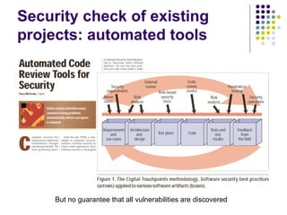 Security check of existing
projects: automated tools
But no guarantee that all vulnerabilities are discovered
 