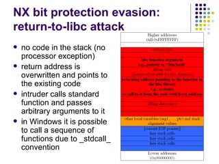 NX bit protection evasion:
return-to-libc attack
 no code in the stack (no
processor exception)
 return address is
overwritten and points to
the existing code
 intruder calls standard
function and passes
arbitrary arguments to it
 in Windows it is possible
to call a sequence of
functions due to _stdcall_
convention
 