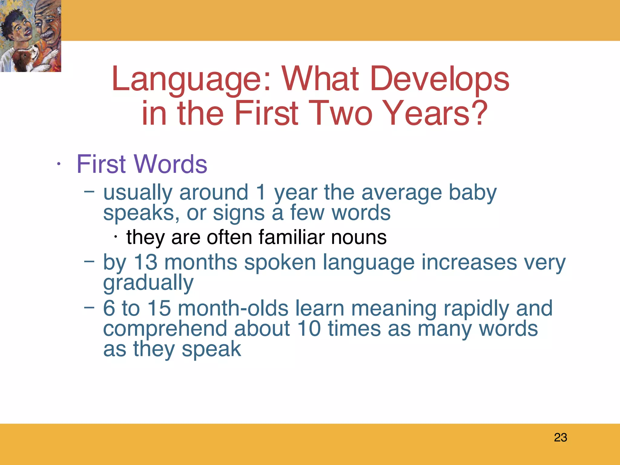 First Words usually around 1 year the average baby speaks, or signs a few words they are often familiar nouns by 13 months spoken language increases very gradually 6 to 15 month-olds learn meaning rapidly and comprehend about 10 times as many words as they speak Language: What Develops  in the First Two Years? 