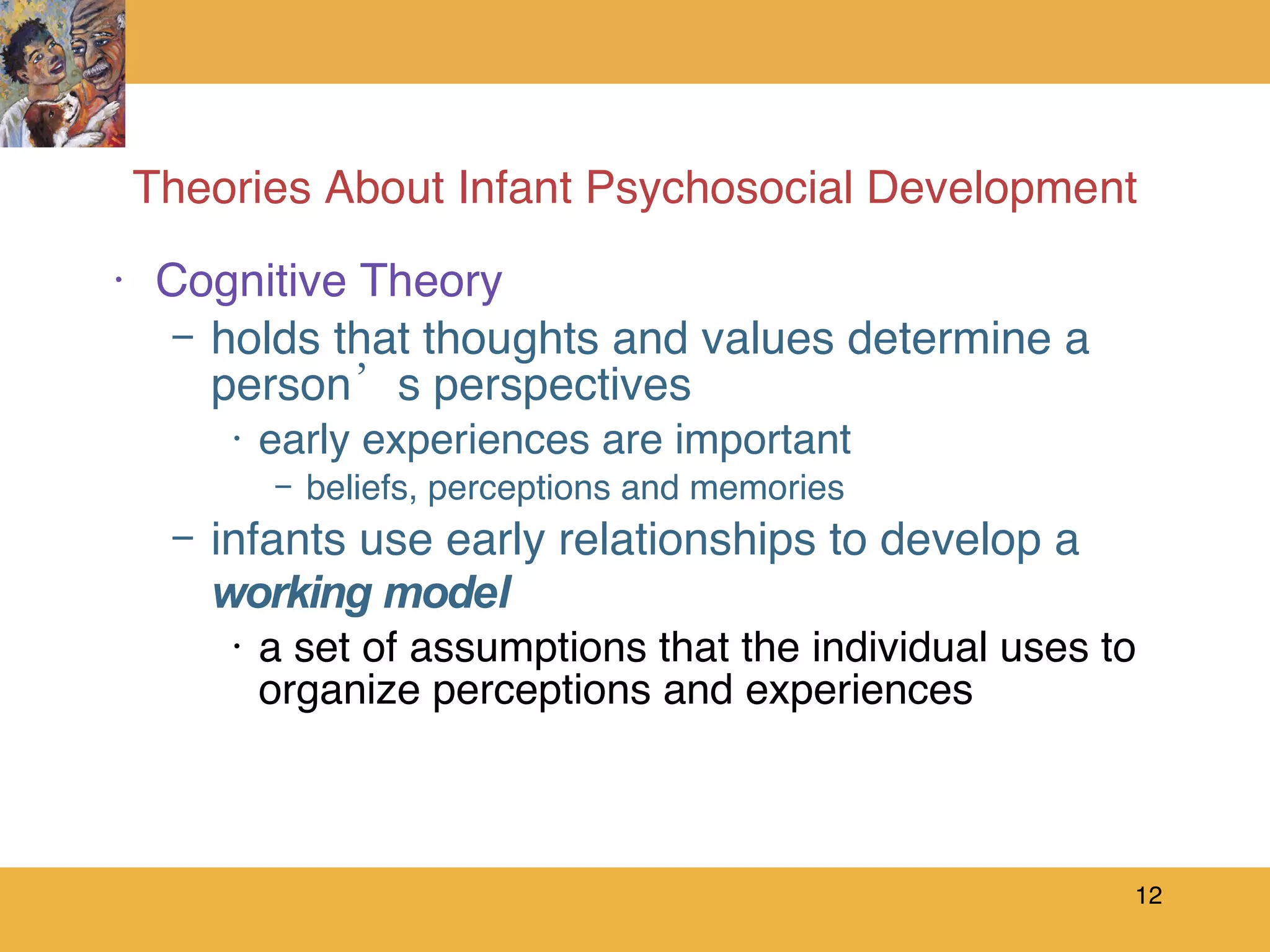 Theories About Infant Psychosocial Development Cognitive Theory holds that thoughts and values determine a person’s perspectives early experiences are important beliefs, perceptions and memories infants use early relationships to develop a  working model a set of assumptions that the individual uses to organize perceptions and experiences 