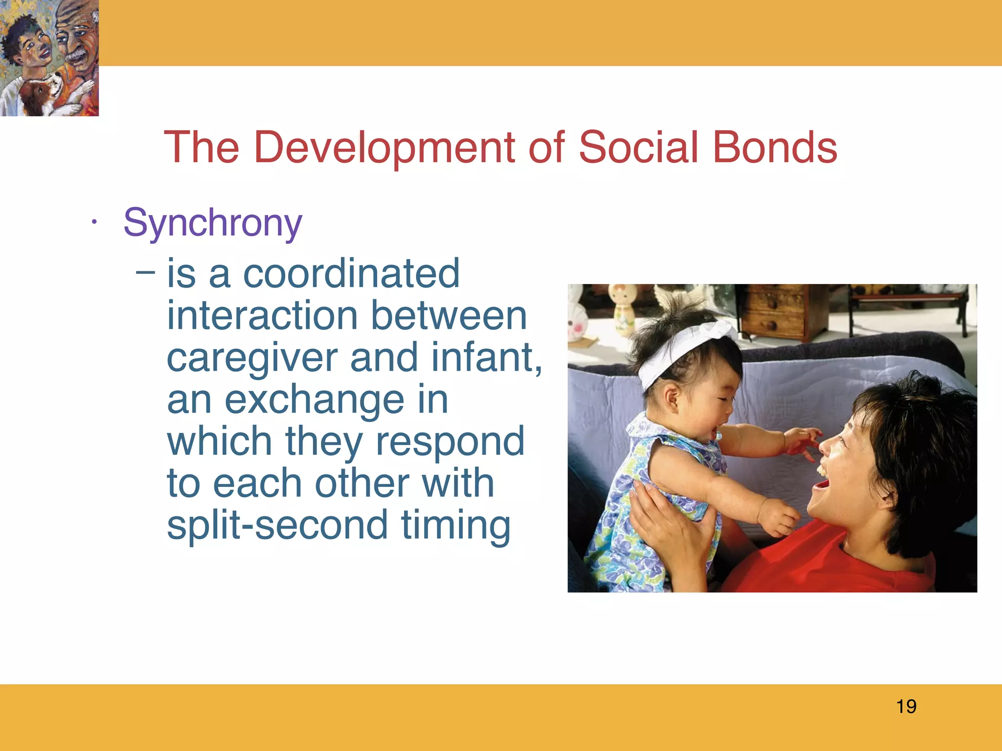The Development of Social Bonds Synchrony is a coordinated interaction between caregiver and infant, an exchange in which they respond to each other with split-second timing 