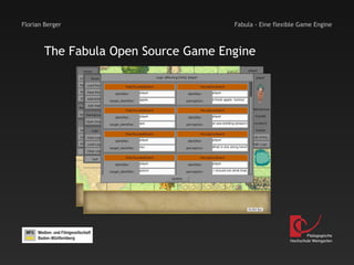 Florian Berger                        Fabula - Eine flexible Game Engine



        The Fabula Open Source Game Engine




                                                                 Pädagogische
                                                         Hochschule Weingarten
 