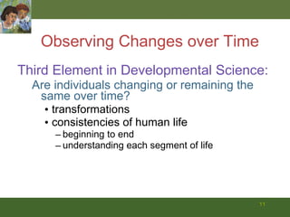 Observing Changes over Time Third Element in Developmental Science:   Are individuals changing or remaining the same over time? transformations consistencies of human life beginning to end understanding each segment of life 