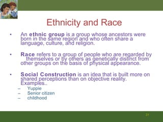 Ethnicity and Race An  ethnic group  is a group whose ancestors were born in the same region and who often share a  language, culture, and religion.  Race  refers to a group of people who are regarded by  themselves or by others as genetically distinct from other groups on the basis of physical appearance. Social Construction  is an idea that is built more on shared perceptions than on objective reality. Examples.. Yuppie Senior citizen childhood 