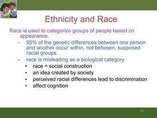 Ethnicity and Race Race is used to categorize groups of people based on appearance. 95% of the genetic differences between one person and another occur within, not between, supposed racial groups. race is misleading as a biological category race = social construction an idea created by society perceived racial differences lead to discrimination  affect cognition 