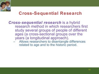 Cross-Sequential Research Cross-sequential research  is a hybrid research method in which researchers first study several groups of people of different ages (a cross-sectional groups over the years (a longitudinal approach).  Allows researchers to disentangle differences related to age and to the historic period.  