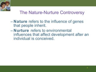 The Nature-Nurture Controversy Nature  refers to the influence of genes that people inherit. Nurture  refers to environmental influences that affect development after an individual is conceived.  