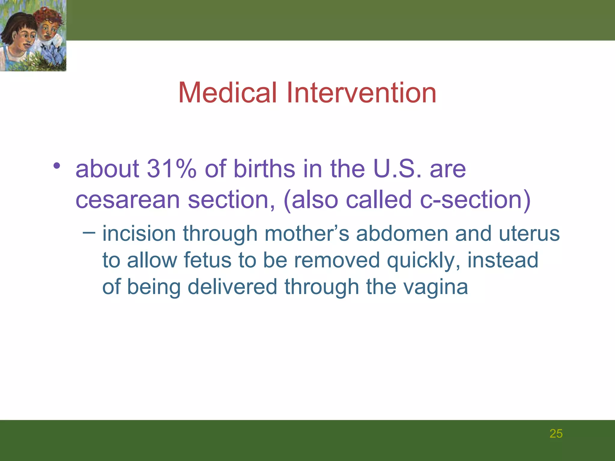 Medical Intervention about 31% of births in the U.S. are cesarean section, (also called c-section) incision through mother’s abdomen and uterus to allow fetus to be removed quickly, instead of being delivered through the vagina  