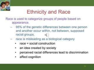 29Ethnicity and RaceAn ethnic group is a group whose ancestors were born in the same region and who often share a 	language, culture, and religion. Race refers to a group of people who are regarded by 	themselves or by others as genetically distinct from other groups on the basis of physical appearance.Social Construction is an idea that is built more on shared perceptions than on objective reality. Examples..YuppieSenior citizenchildhood