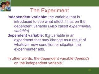 39The Experimentindependent variable: the variable that is introduced to see what effect it has on the dependent variable (Also called experimental variable) dependent variable: the variable in an experiment that may change as a result of whatever new condition or situation the experimenter ads.  In other words, the dependent variable depends on the independent variable. 